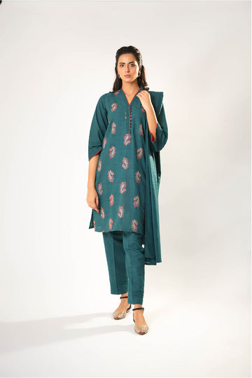 Women winter clothes | Turquoise Blue | Casual 3 Piece Suit | Cotton Khaddar Dyed | LAD-03177